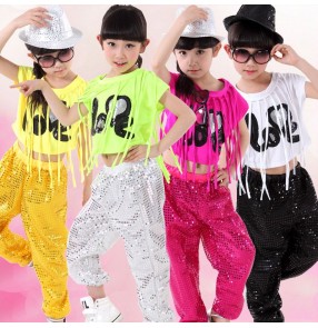 White neon green fuchsia hot pink yellow fringes tops long sequins pants girls child children kids  stage performance jazz dance dj outfits costumes